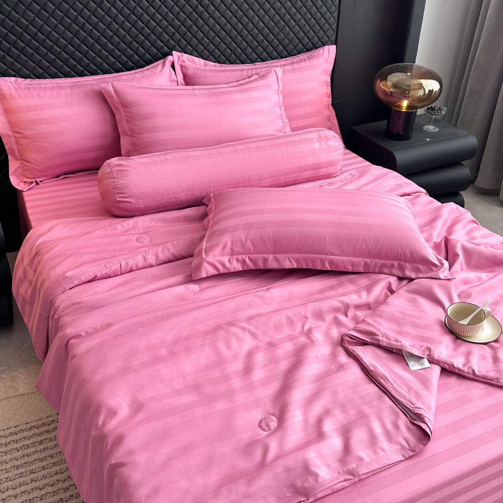 5Pcs Duvet Cover Set Hotel High density Glossy Silk Satin Magenta
