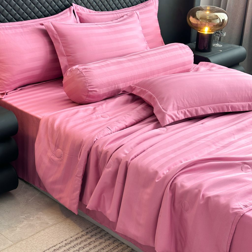 5Pcs Duvet Cover Set Hotel High density Glossy Silk Satin Magenta