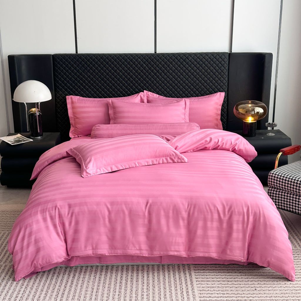 5Pcs Duvet Cover Set Hotel High density Glossy Silk Satin Magenta