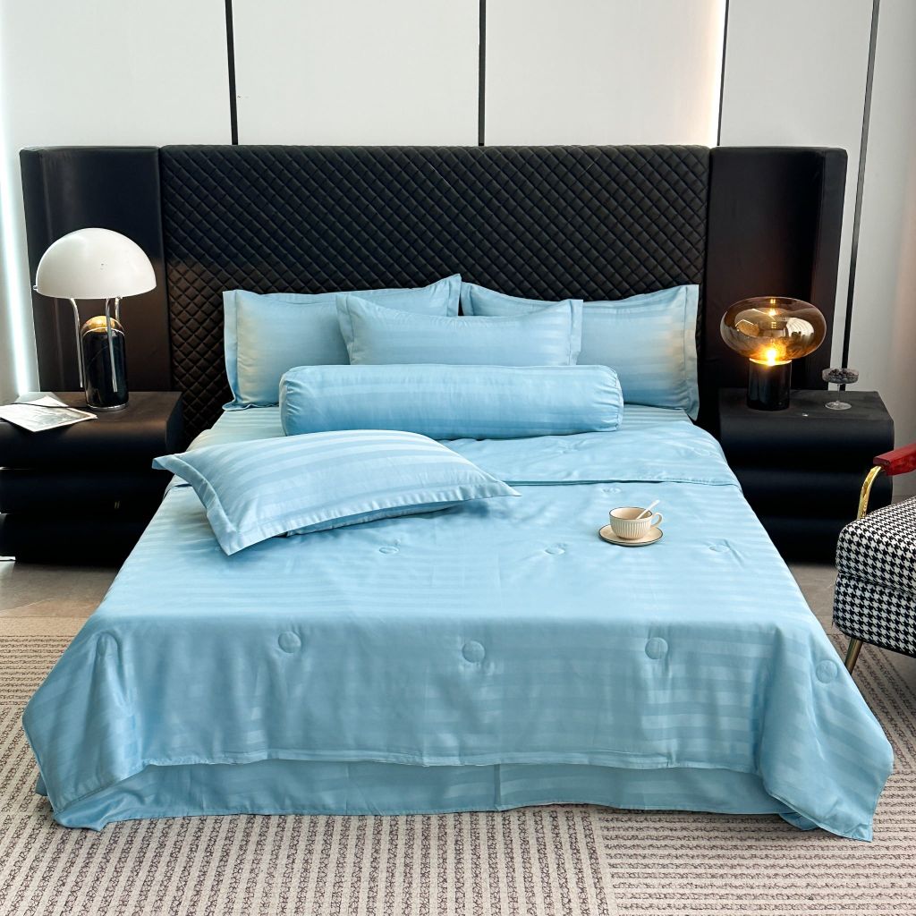 5Pcs Duvet Cover Set Hotel High density Glossy Silk Satin Turquoise