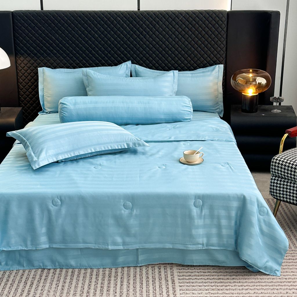 5Pcs Duvet Cover Set Hotel High density Glossy Silk Satin Turquoise