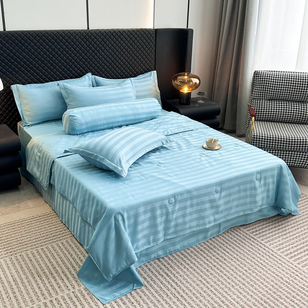 5Pcs Duvet Cover Set Hotel High density Glossy Silk Satin Turquoise