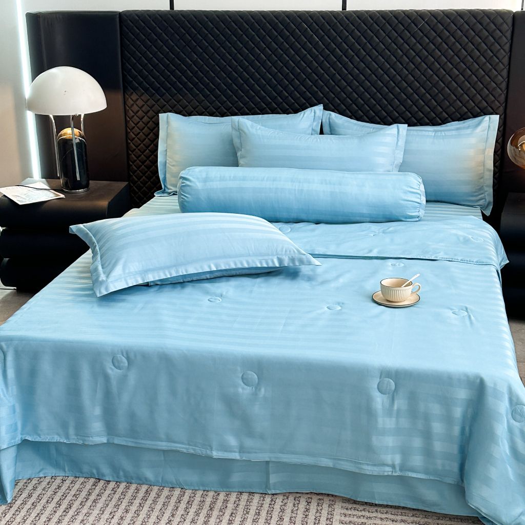 5Pcs Duvet Cover Set Hotel High density Glossy Silk Satin Turquoise