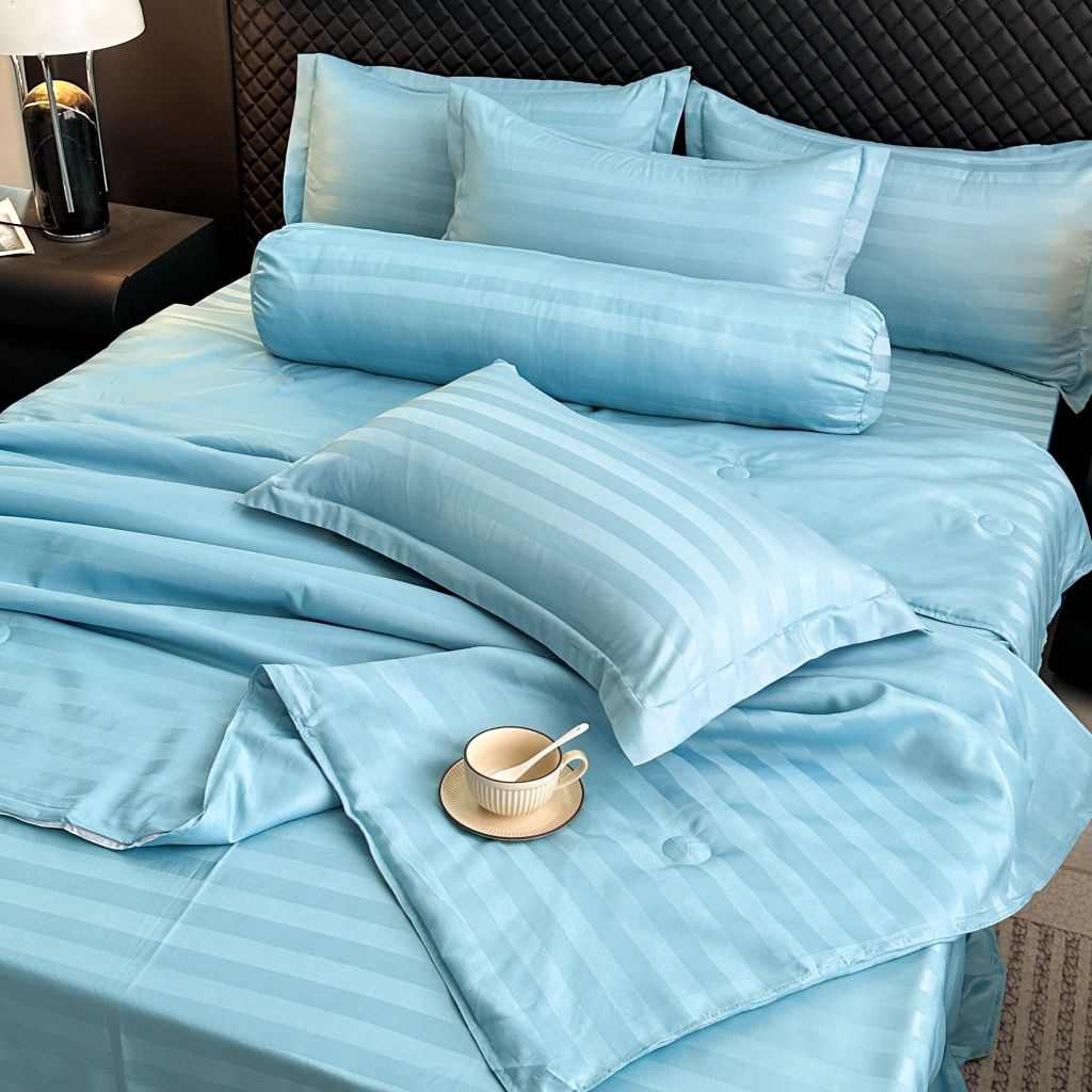 5Pcs Duvet Cover Set Hotel High density Glossy Silk Satin Turquoise