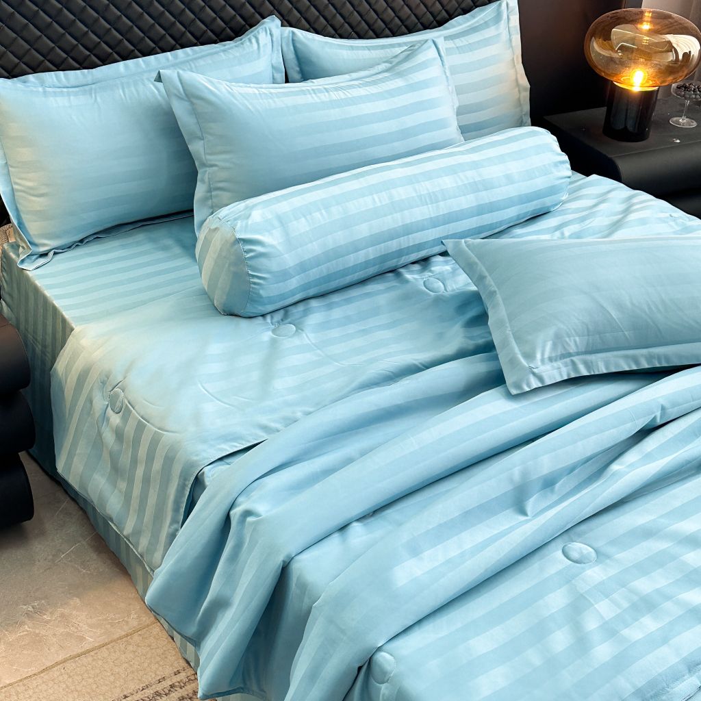 5Pcs Duvet Cover Set Hotel High density Glossy Silk Satin Turquoise