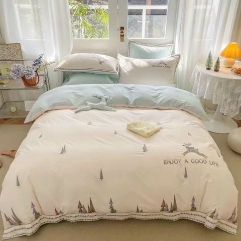 Bộ Chăn Ga Cotton Dành cho bé Hoạ tiết thêu Enjoy Good Life
