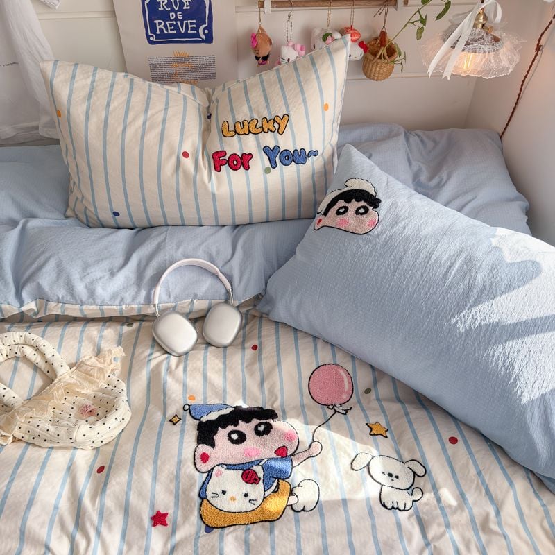 4pcs Cotton Linen Bedding Cover Set Fluffy Embroidery | ID : CLINEN4PCSFLUFFYEID07