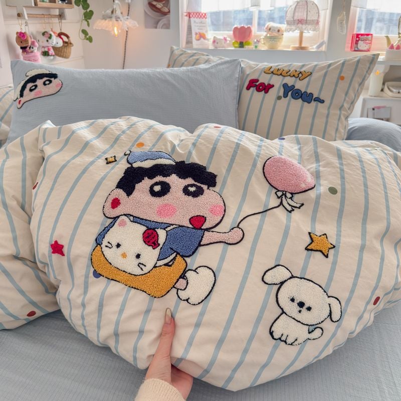 4pcs Cotton Linen Bedding Cover Set Fluffy Embroidery | ID : CLINEN4PCSFLUFFYEID07