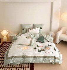 Bộ Chăn Ga Cotton Dành cho bé Hoạ tiết thêu Tree anh Duck