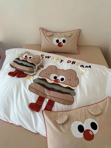 Bộ Chăn Ga Cotton Dành cho bé Hoạ tiết thêu SanwidCake
