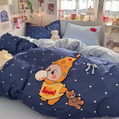 4pcs Cotton Linen Bedding Cover Set Fluffy Embroidery | ID : CLINEN4PCSFLUFFYEID06