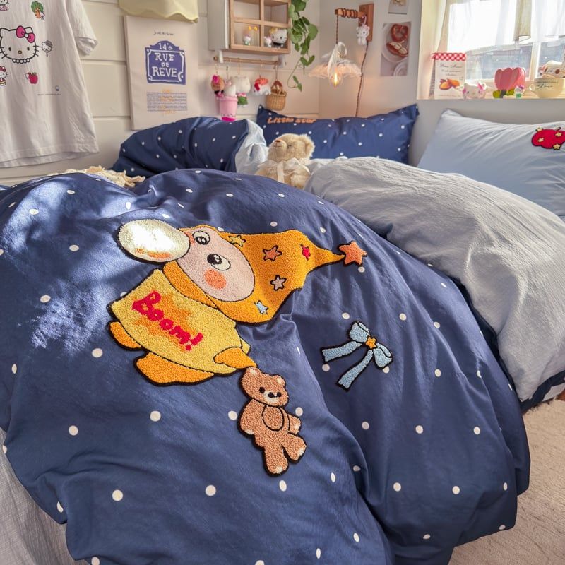 4pcs Cotton Linen Bedding Cover Set Fluffy Embroidery | ID : CLINEN4PCSFLUFFYEID06