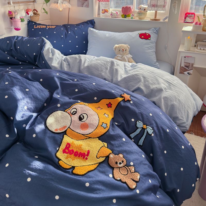 4pcs Cotton Linen Bedding Cover Set Fluffy Embroidery | ID : CLINEN4PCSFLUFFYEID06