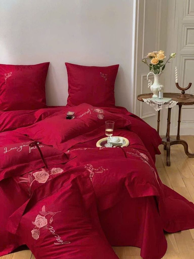 4pcs Silk's Red for Wedding Love You Forever French Rose Embroidered pattern for Wedding ID: WDSET01