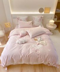 Bộ Chăn Ga Cotton Dành cho bé Hoạ tiết thêu PINK UNICORN