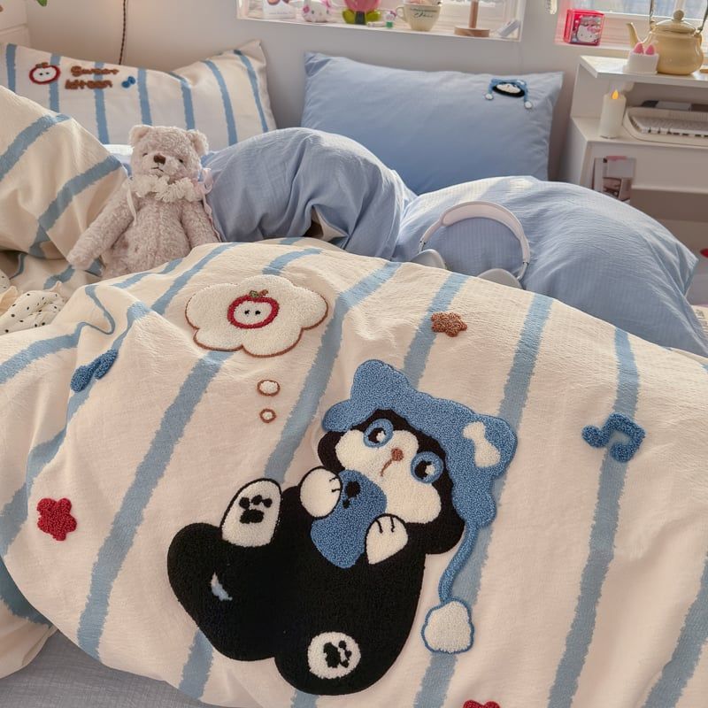 4pcs Cotton Linen Bedding Cover Set Fluffy Embroidery | ID : CLINEN4PCSFLUFFYEID01