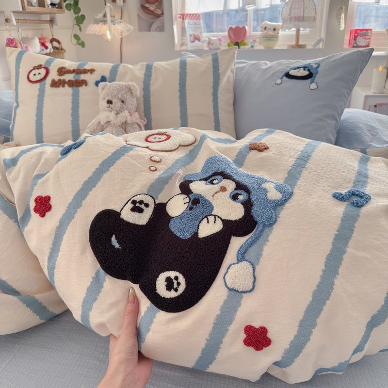 4pcs Cotton Linen Bedding Cover Set Fluffy Embroidery | ID : CLINEN4PCSFLUFFYEID01