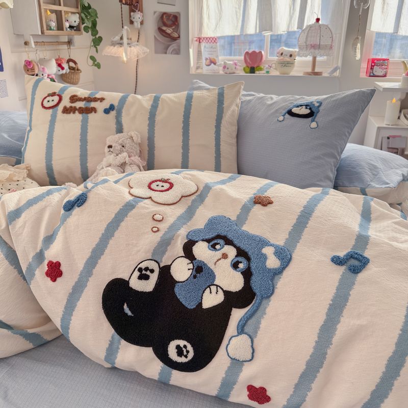 4pcs Cotton Linen Bedding Cover Set Fluffy Embroidery | ID : CLINEN4PCSFLUFFYEID01