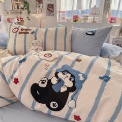 4pcs Cotton Linen Bedding Cover Set Fluffy Embroidery | ID : CLINEN4PCSFLUFFYEID01