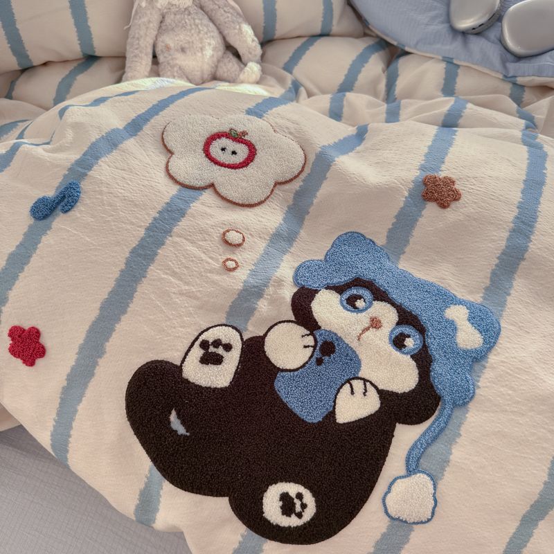 4pcs Cotton Linen Bedding Cover Set Fluffy Embroidery | ID : CLINEN4PCSFLUFFYEID01