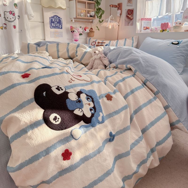 4pcs Cotton Linen Bedding Cover Set Fluffy Embroidery | ID : CLINEN4PCSFLUFFYEID01