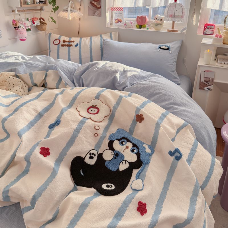 4pcs Cotton Linen Bedding Cover Set Fluffy Embroidery | ID : CLINEN4PCSFLUFFYEID01