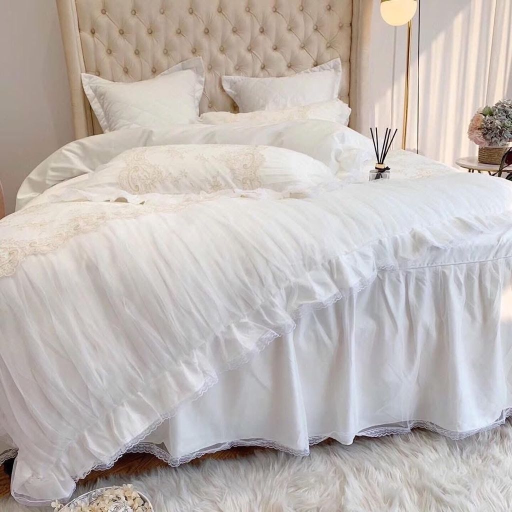 Wedding Bedding Set | 4Pcs Beautiful House Princess Luxury Embroidered Tencel Lace | ID WED4PCSBEATENCLACECOL001