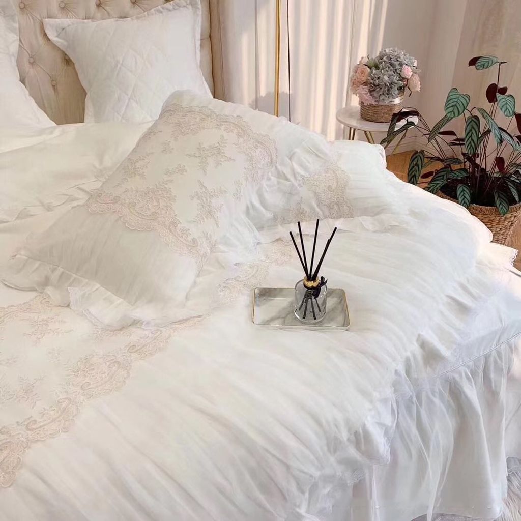 Wedding Bedding Set | 4Pcs Beautiful House Princess Luxury Embroidered Tencel Lace | ID WED4PCSBEATENCLACECOL001