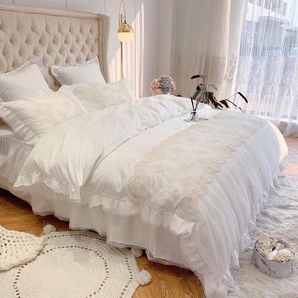 Wedding Bedding Set | 4Pcs Beautiful House Princess Luxury Embroidered Tencel Lace | ID WED4PCSBEATENCLACECOL001