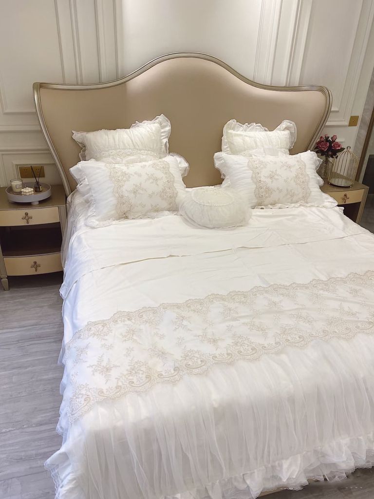 Wedding Bedding Set | 4Pcs Beautiful House Princess Luxury Embroidered Tencel Lace | ID WED4PCSBEATENCLACECOL001