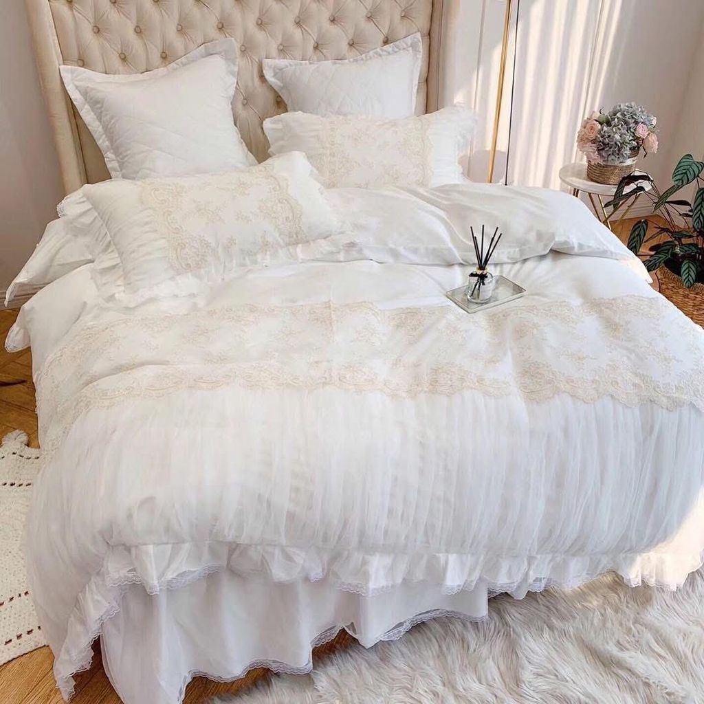 Wedding Bedding Set | 4Pcs Beautiful House Princess Luxury Embroidered Tencel Lace | ID WED4PCSBEATENCLACECOL001