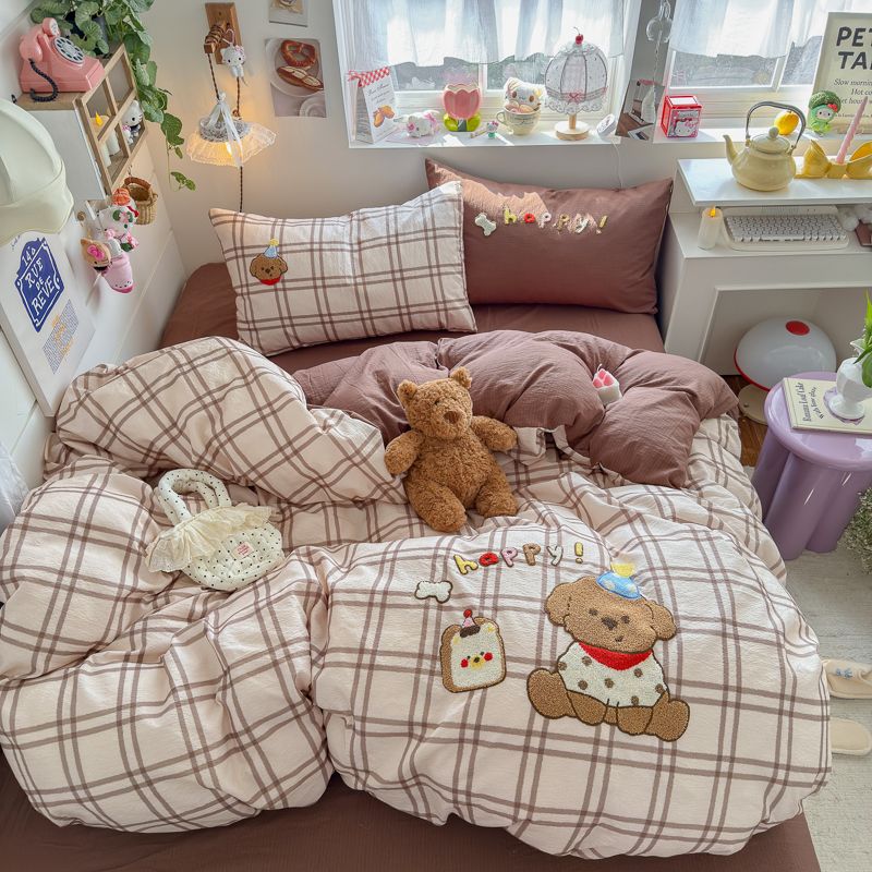 4pcs Cotton Linen Bedding Cover Set Fluffy Embroidery | ID : CLINEN4PCSFLUFFYEID03