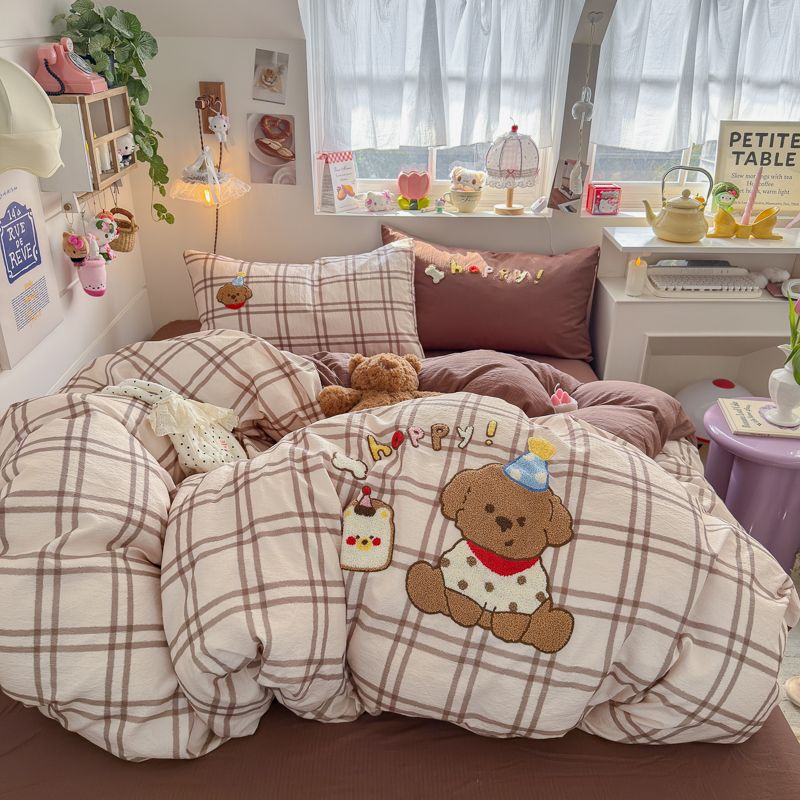 4pcs Cotton Linen Bedding Cover Set Fluffy Embroidery | ID : CLINEN4PCSFLUFFYEID03