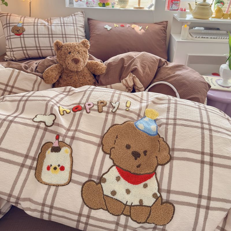 4pcs Cotton Linen Bedding Cover Set Fluffy Embroidery | ID : CLINEN4PCSFLUFFYEID03