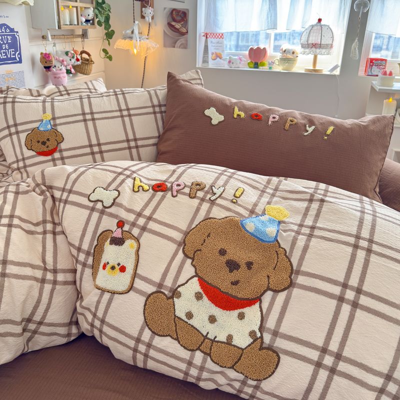 4pcs Cotton Linen Bedding Cover Set Fluffy Embroidery | ID : CLINEN4PCSFLUFFYEID03