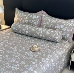 Bộ chăn ga gối lụa Lyocel Hàn Quốc - Ga chần bông đa năng hoa lá tre mix bản B tím khói