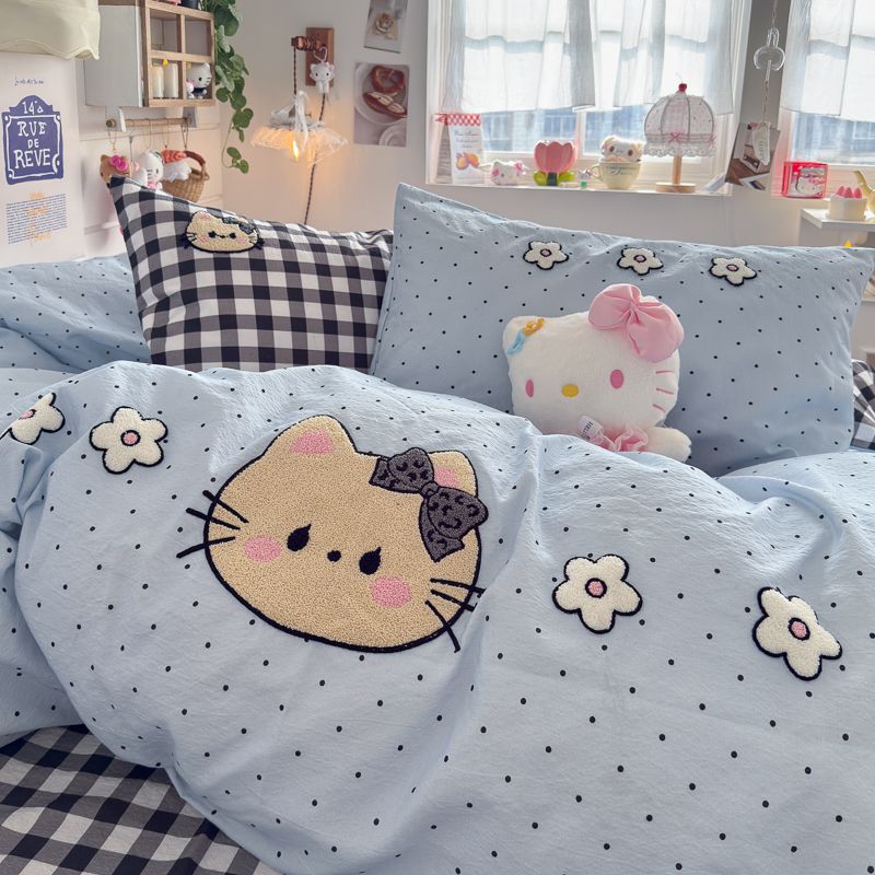 4pcs Cotton Linen Bedding Cover Set Fluffy Embroidery | ID : CLINEN4PCSFLUFFYEID02