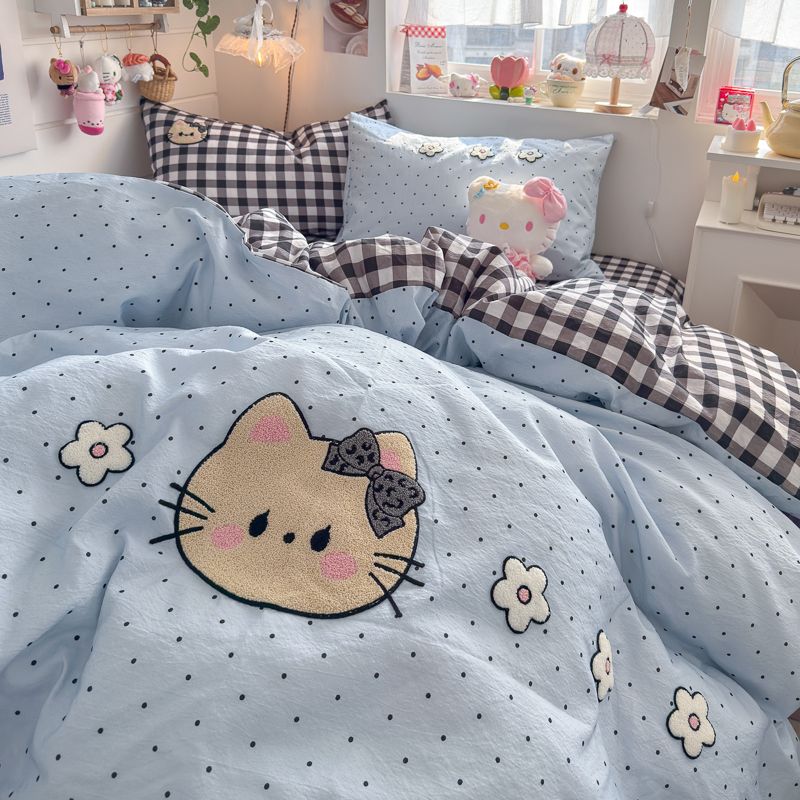 4pcs Cotton Linen Bedding Cover Set Fluffy Embroidery | ID : CLINEN4PCSFLUFFYEID02