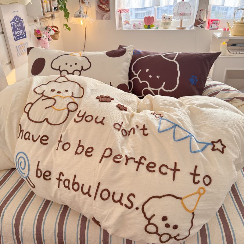 4pcs Cotton Linen Bedding Cover Set Fluffy Embroidery | ID : CLINEN4PCSFLUFFYEID04