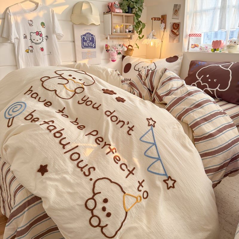 4pcs Cotton Linen Bedding Cover Set Fluffy Embroidery | ID : CLINEN4PCSFLUFFYEID04