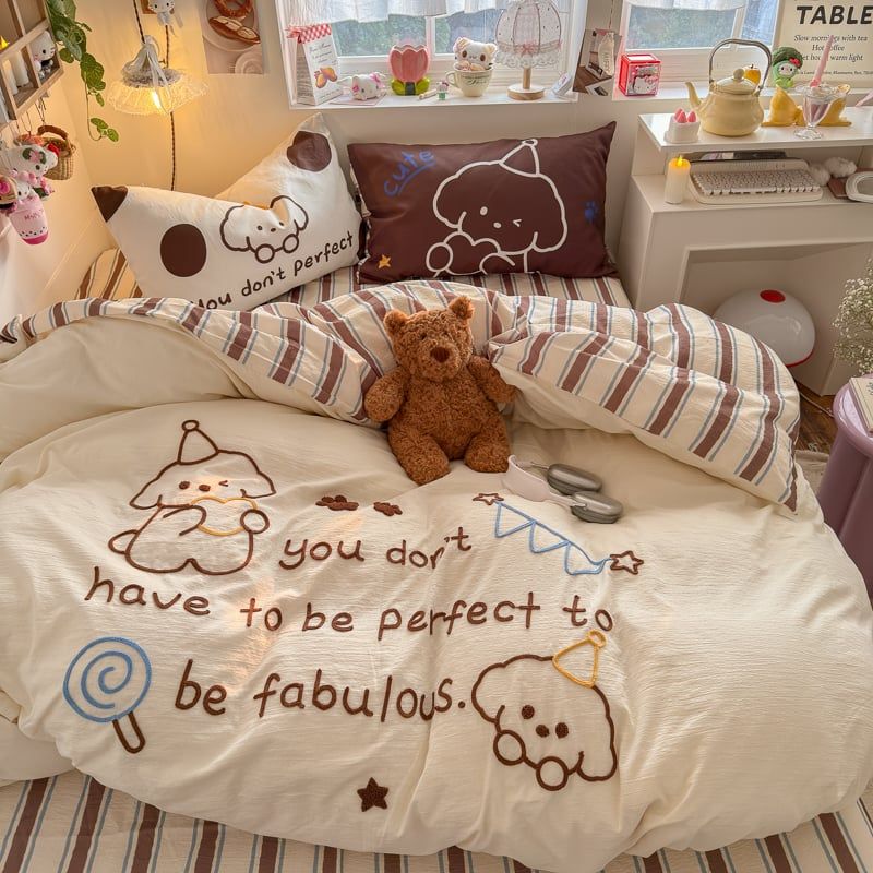 4pcs Cotton Linen Bedding Cover Set Fluffy Embroidery | ID : CLINEN4PCSFLUFFYEID04