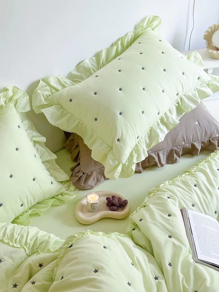 Bộ Vỏ Chăn Ga Gối Cotton Linen - Đũi Hàn Quốc thêu chấm sao điệu đà mầu xanh Mint