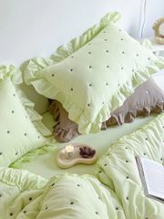 Bộ Vỏ Chăn Ga Gối Cotton Linen - Đũi Hàn Quốc thêu chấm sao điệu đà mầu xanh Mint