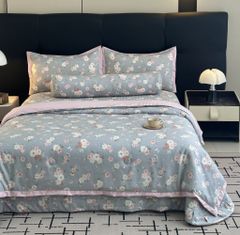 Bộ chăn ga gối lụa Lyocel Hàn Quốc - Ga chần bông đa năng hoa Bèo tây