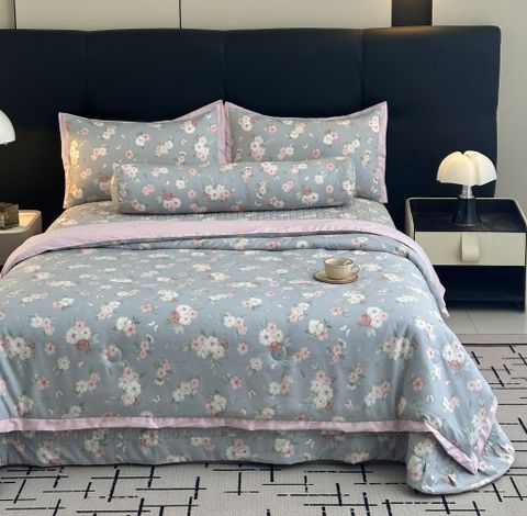 Bộ chăn ga gối lụa Lyocel Hàn Quốc - Ga chần bông đa năng hoa Bèo tây