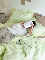 Bộ Vỏ Chăn Ga Gối Cotton Linen - Đũi Hàn Quốc thêu chấm sao điệu đà mầu xanh Mint