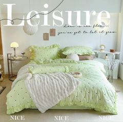 Bộ Vỏ Chăn Ga Gối Cotton Linen - Đũi Hàn Quốc thêu chấm sao điệu đà mầu xanh Mint