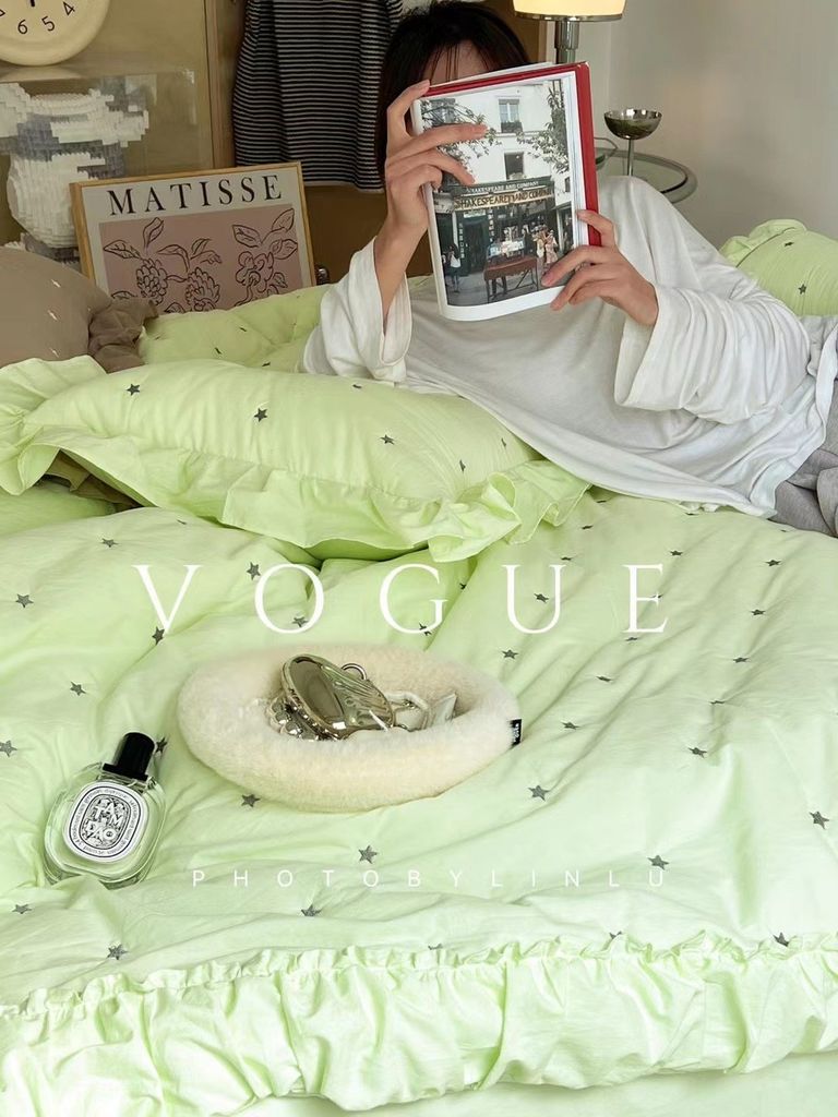 Bộ Vỏ Chăn Ga Gối Cotton Linen - Đũi Hàn Quốc thêu chấm sao điệu đà mầu xanh Mint