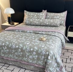 Bộ chăn ga gối lụa Lyocel Hàn Quốc - Ga chần bông đa năng hoa lá tre mix bản B tím khói