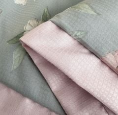 Bộ chăn ga gối lụa Lyocel Hàn Quốc - Ga chần bông đa năng hoa lá tre mix bản B tím khói